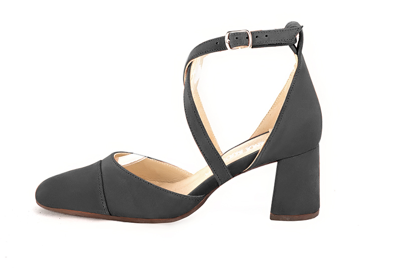 Dark grey women's open side shoes, with crossed straps. Round toe. Medium flare heels. Profile view - Florence KOOIJMAN